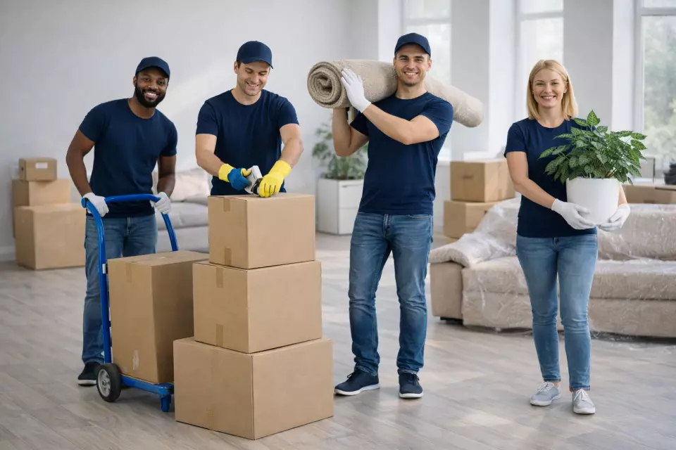 Professional movers carrying home boxes
